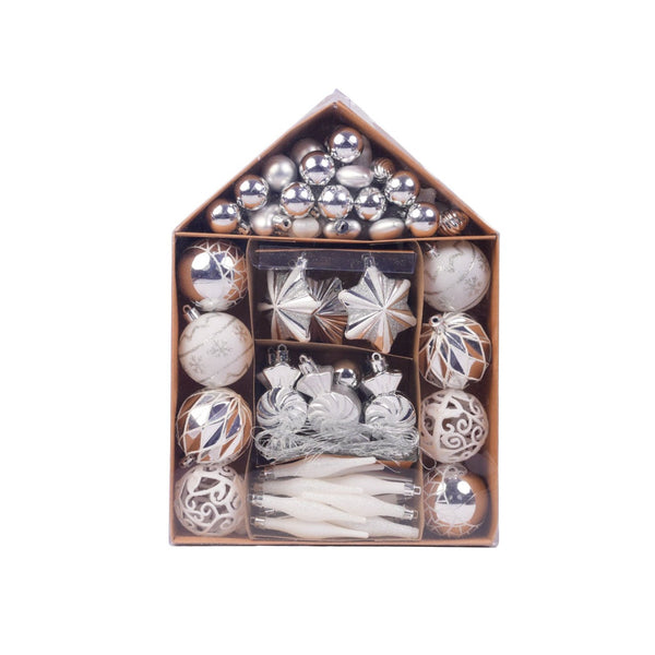 Set of 73 Silver and White Christmas Ornaments