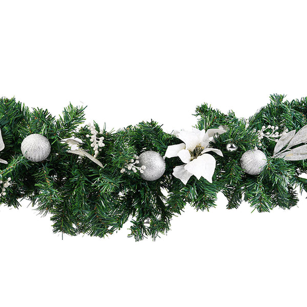 Green Christmas Runner with Silver Decorative Flowers ad Baubles - 2.7 m