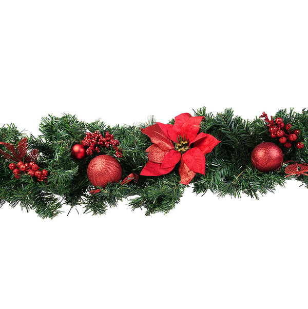 Green Christmas Runner with Red Decorative Flowers ad Baubles