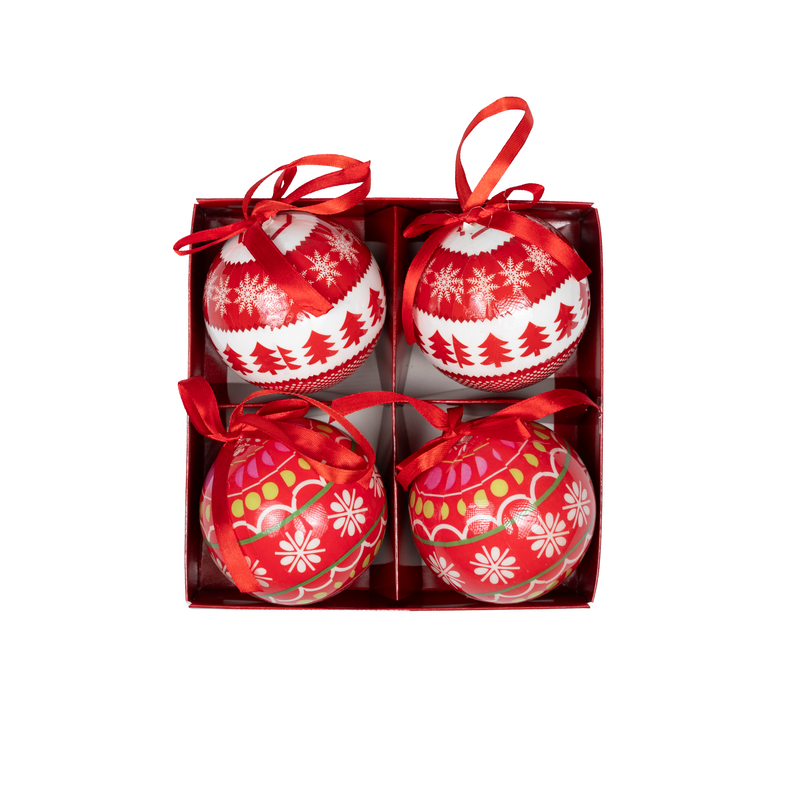 Set of 4 Printed Red & White Baubles - 8cm