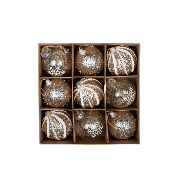Set of 9 Printed Decorative Champagne Christmas Baubles - 8cm