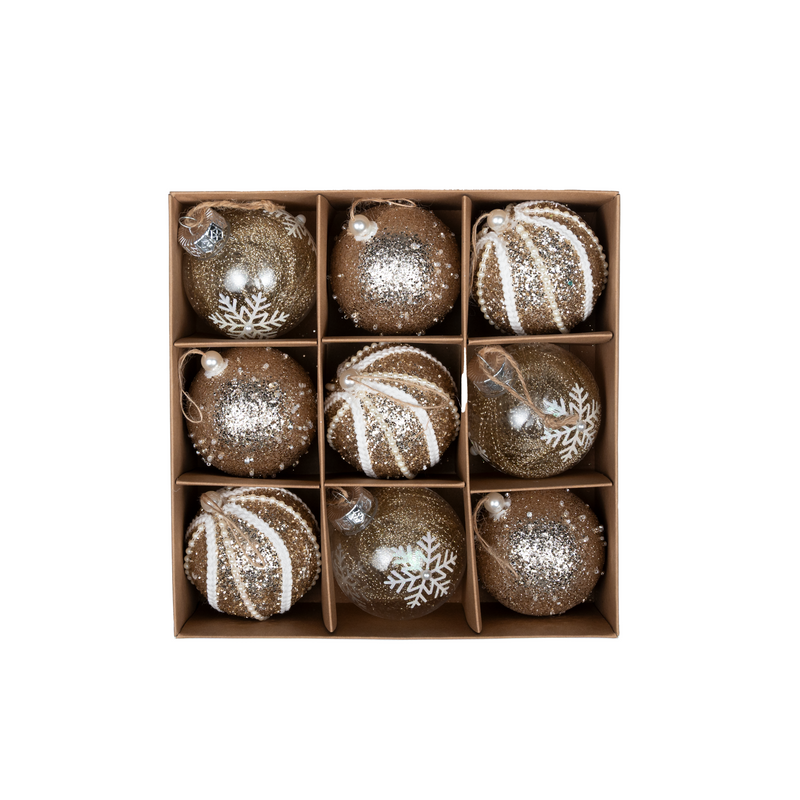 Set of 9 Printed Decorative Champagne Christmas Baubles - 8cm
