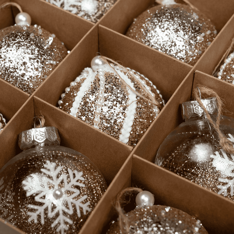 Set of 9 Printed Decorative Champagne Christmas Baubles - 8cm