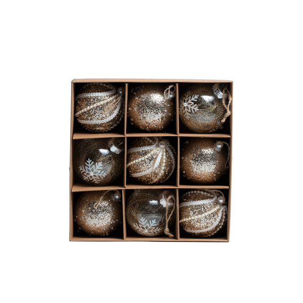 Set of 9 Printed Decorative Champagne Christmas Baubles - 8cm
