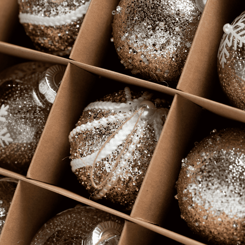 Set of 9 Printed Decorative Champagne Christmas Baubles - 8cm