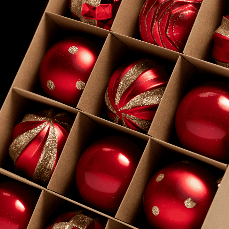 Set of 12 Festive & Shimmery Christmas Baubles