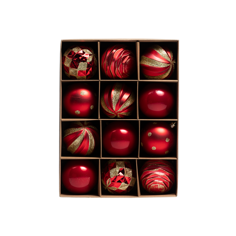 Set of 12 Festive & Shimmery Christmas Baubles