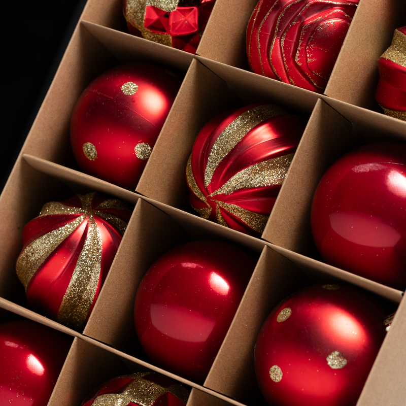 Set of 12 Festive & Shimmery Christmas Baubles