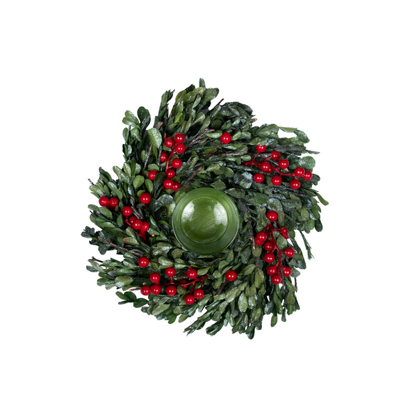Green Christmas Wreath Candle Holder with Red Cherries