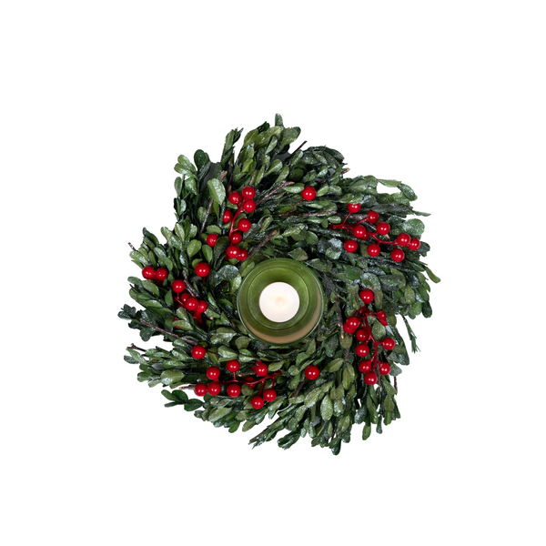 Green Christmas Wreath Candle Holder with Red Cherries