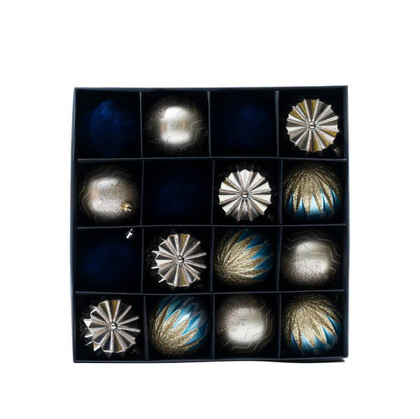 Set of 16 Decorative Blue & Golden Christmas Baubles