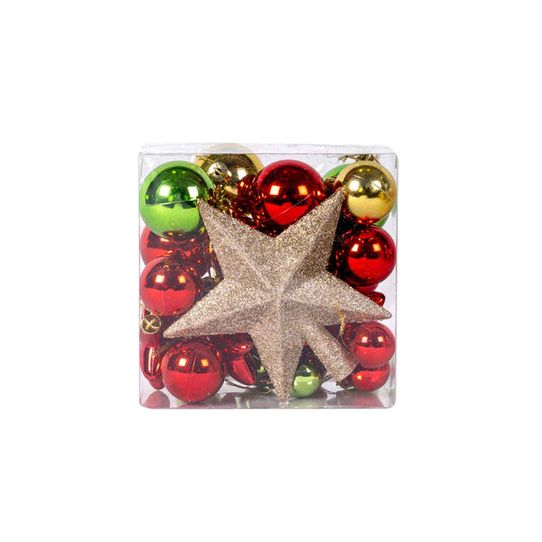 Set of 30 Mixed Baubles Set with Star Tree Topper