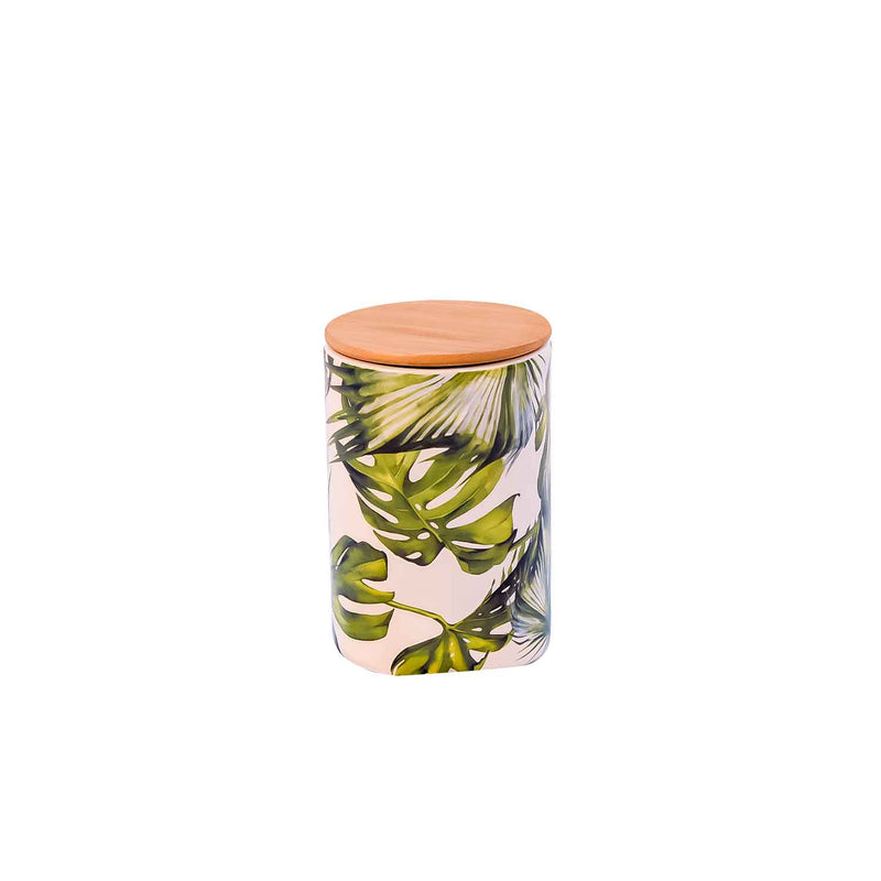 Leafy Ceramic Jar With Wooden Lid - Medium