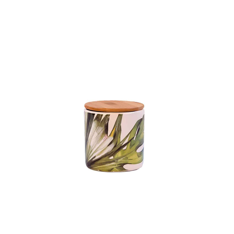 Leafy Ceramic Jar With Wooden Lid - Medium