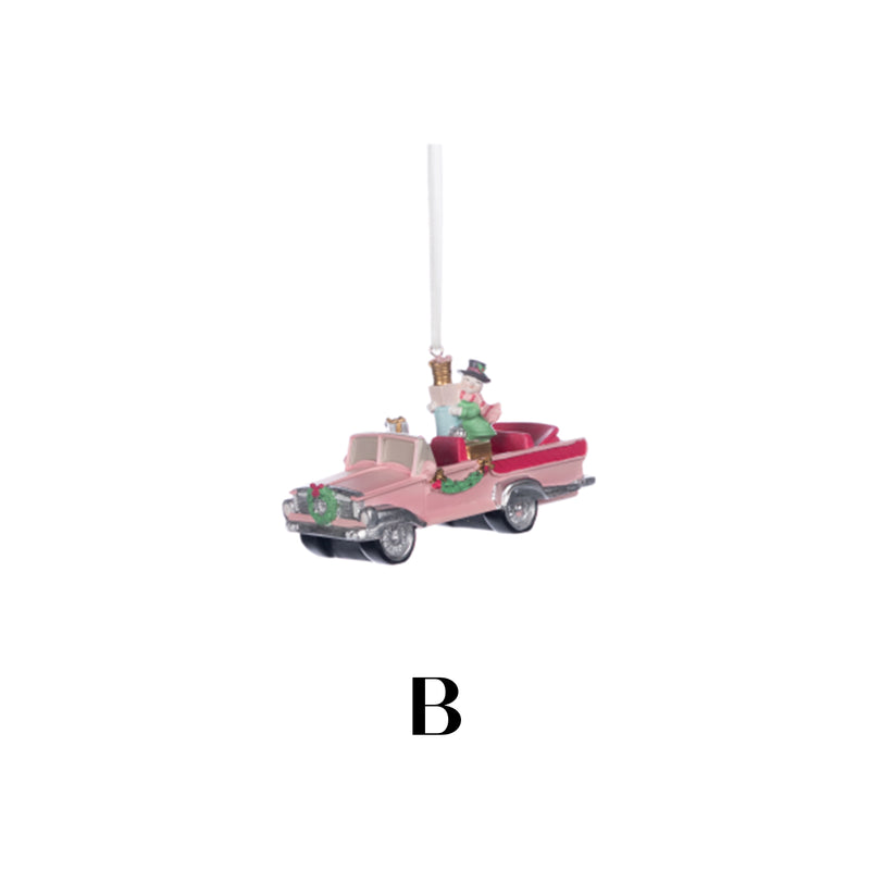 Santa & Snowman On A Car Hanging Ornament