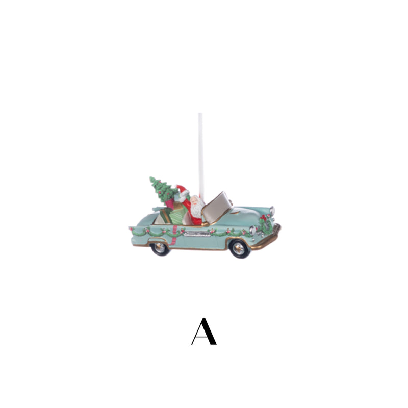 Santa & Snowman On A Car Hanging Ornament