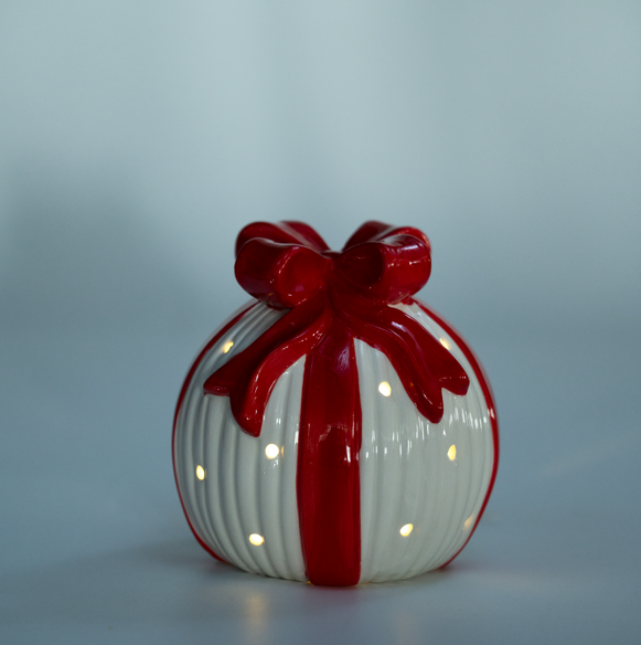 Lit Decorative Christmas White & Red Bauble Table Top