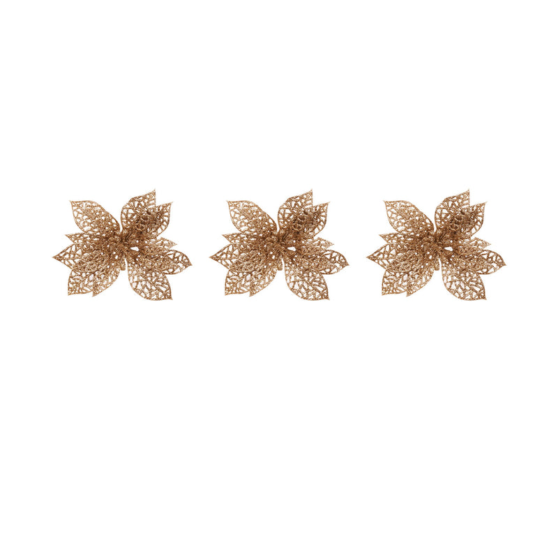Set of 3 Poinsettia Glitter Ornaments - Medium