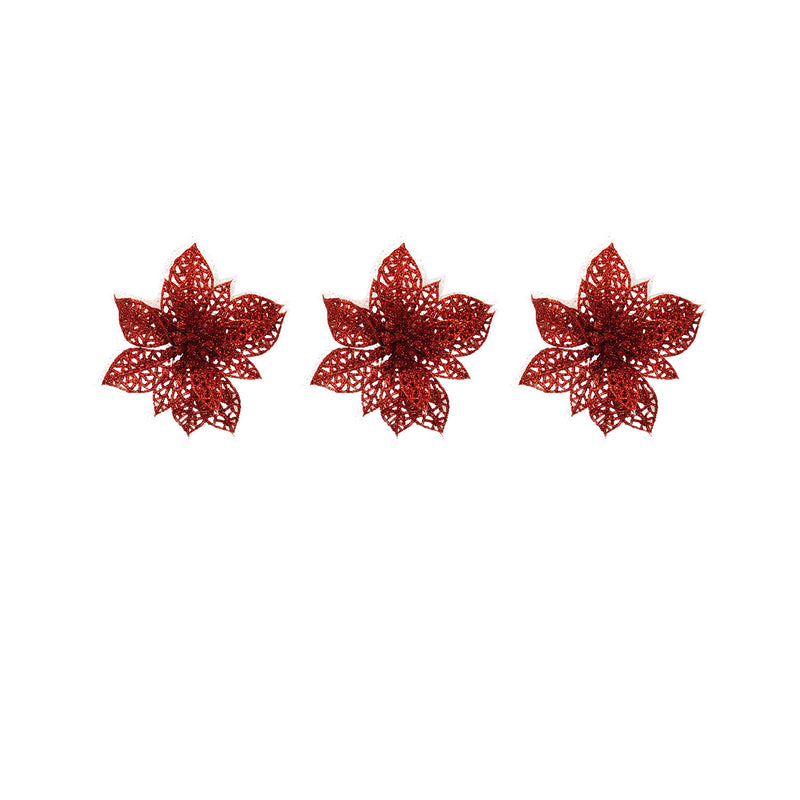 Set of 3 Poinsettia Glitter Ornaments - Medium