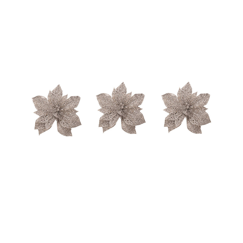 Set of 3 Poinsettia Glitter Ornaments - Medium