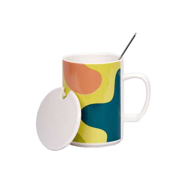 Multicolour Coffee Mug With Lid and Spoon