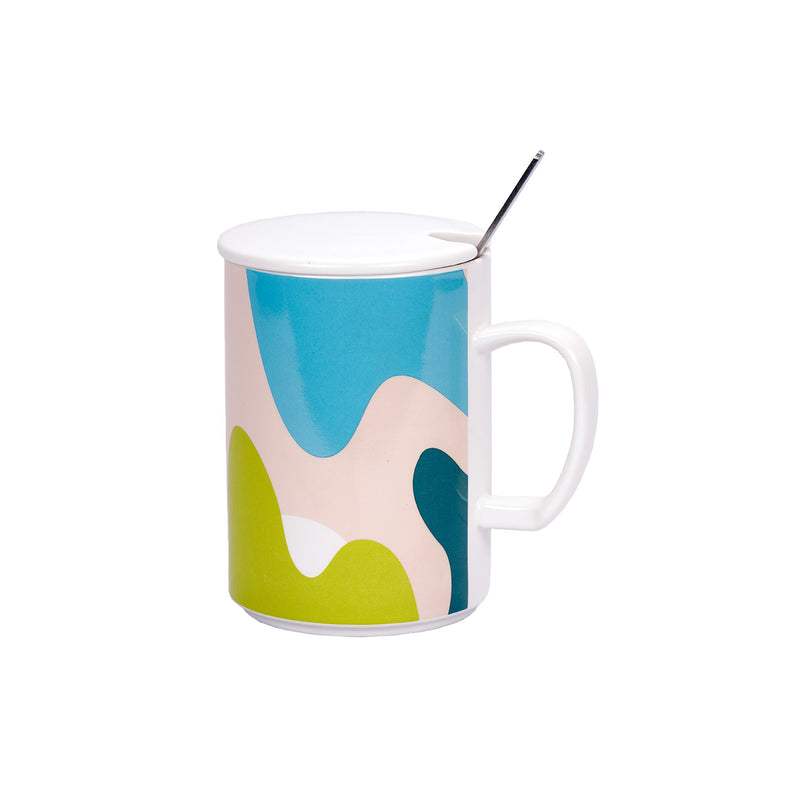 Multicolour Coffee Mug With Lid and Spoon