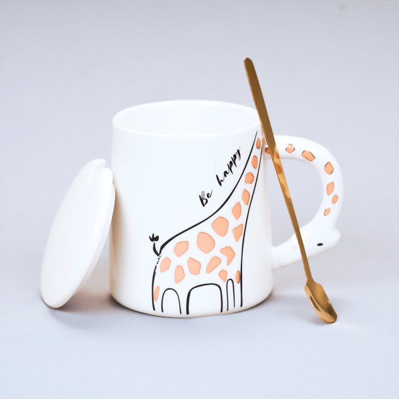 Cute Animal Ceramic Coffee Mug With Lid and Spoon