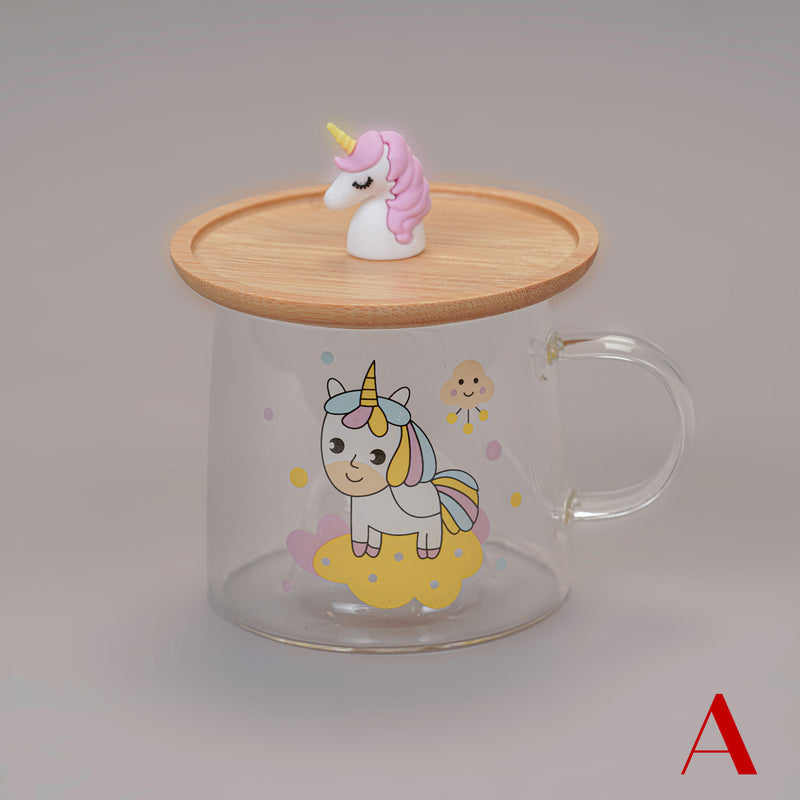 Cute Unicorn Glass Mug with Spoon and Wood Lid
