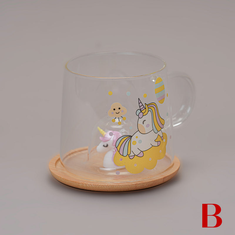 Cute Unicorn Glass Mug with Spoon and Wood Lid