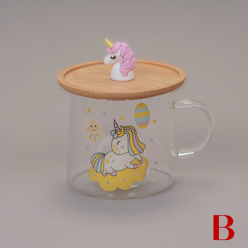 Cute Unicorn Glass Mug with Spoon and Wood Lid