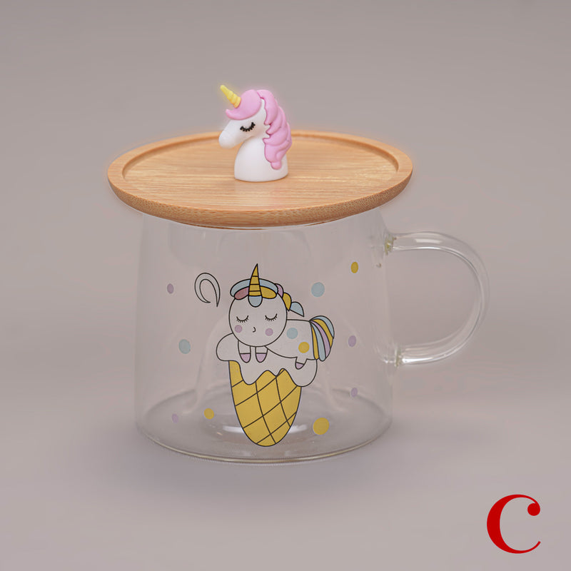 Cute Unicorn Glass Mug with Spoon and Wood Lid