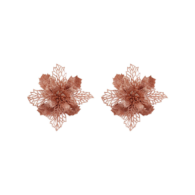 Set of 2 Poinsettia Glitter Ornaments - Large