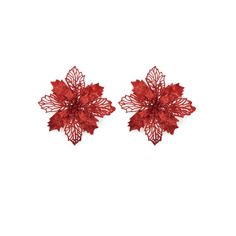 Set of 2 Glitter Poinsettia Flower (Red)